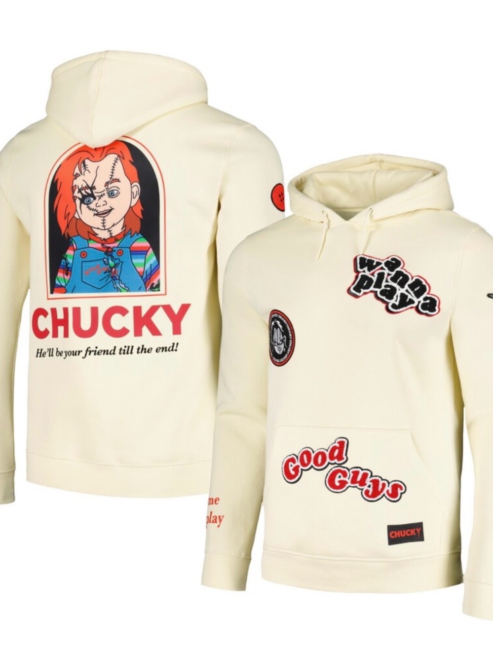 Unisex street wear ,Chucky Graphic Cream Pullover Hoodie - Good Guys Design,XL